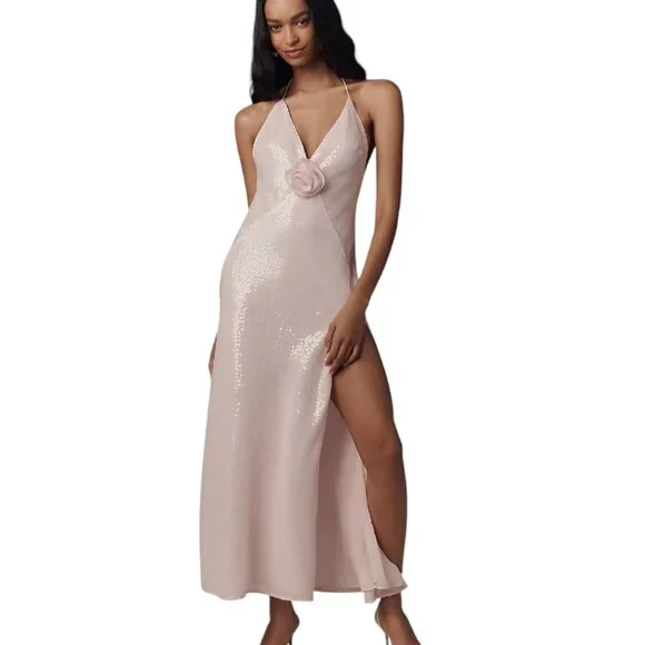 Bardot Aradia Sequin Halter Slip Dress, Pink, V-Neck, Event, Side Slit,  Size 4 - Picture 2 of 12